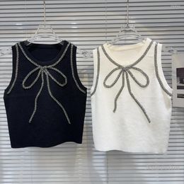 Women's Tanks 2024 Spring Classic Style Bow Beaded Decorative Elegant Socialite Knitted Tank For Women Y2k Crop Top Sleeveless Tops