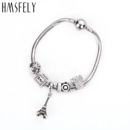 Bracelets HMSFELY Stainless Steel Charm Eiffel Tower Bracelets Beaded Chain For women Fit Snake Chain Fine Bracelet DIY Jewellery Gift
