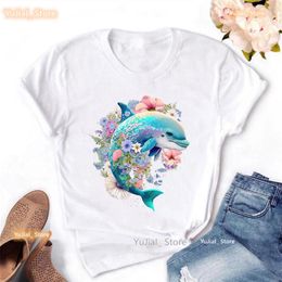 Women's T Shirts Dolphin Flowers Animal Print Shirt Girls Kawaii Whale Tshirt Women Casual Basic Foundation T-Shirt Femme Summer Tops Tee