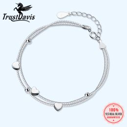 Bangles TrustDavis Authentic 925 Sterling Silver Double Layer Chain Heart Beads Bracelet For Women Sterling Silver Wedding's Day DA418