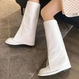 Stivali da donna al ginocchio punta tonda piatta tinta unita Botas slip-on quadrati scarpe con tacco basso moda concisa