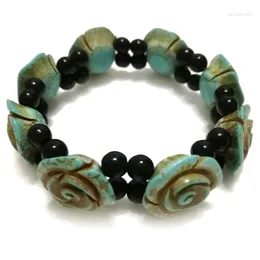Strand 8 Inches Stretch 10 30mm Antique Flower Shaped Man Hand Carved Natural Turquoise Bracelet