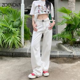 ZOENOVA Spring Korean Casual Womens Jeans High Quality White Straight Wide Leg Pants Street Versatile Lady Denim Trousers 240118
