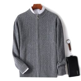 Autumn And Winter Pure Cashmere Sweater Mens Round Neck Cardigan Thickened Jacquard Zipper Top Business Casual 240123