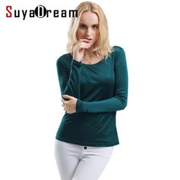 SuyaDream Women T shirt Real Silk Basic O neck long sleeve Bottomingshirt FALL Primer shirt Plus size Spandex Top Black White 240118