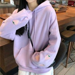 Women's Hoodies Harajuku Strawberry Embroidery Lavender Purple Pink Sweatshirt Autumn Winter Thicken Women Kawaii Long Sleeves Tops XXL
