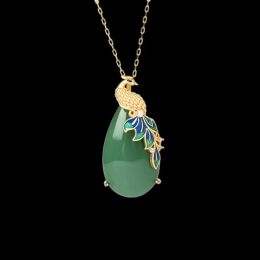 Pendants Green Jade Phoenix Pendant Chinese Vintage Natural Jewellery 925 Silver Gemstones Accessories Necklace Chalcedony Gift Charm