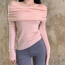 Slash Neck Sweater Off Shoulder Knitwear Jumper Korean Fashion Women Slim SexyY2k Autumn Winter Clothing Pink Black Apricot 240125