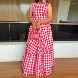 Casual Dresses Women 2024 Sleeveless A-Line Dress Summer Plaid Print High Waist Maxi Elegant Swing Ruffles Party