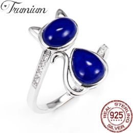 Rings Trumium 100% S925 Sterling Silver Cat Open Rings for Women Girl Gift Sterling Silver Lapis Lazuli Stone Ring Fine Jewellery