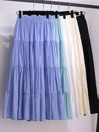 Skirts Long Maxi Pleated Skirt Women 2024 Summer Casual Solid A Line Elastic High Waist Female With Lining White Purple Z532