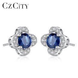 Earrings CZCITY Blue Sapphire Gemstone 925 Sterling Silver Flower Stud Earrings for Women Trendy Fashion Bridal Wedding Elegant Jewelry