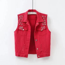 Colourful Denim Jacket Waistcoat Women's Spring Summer Slim Hole Beaded Sleeveless Coat Female Short Casual Vest Outwear Tops 240118