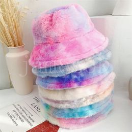 Fashion New Plush Bucket Hat for Women Girl Rainbow Tie Dye Soft Warm Fishman Cap Winter Lady Gifts 7 Colors DB229