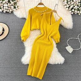 Sweater Set Casual Pullovers Suits Slip Dress For Women Slim Solid Autumn Winter Knitted Long Sleeve Elegance Elastic Sweet 240123