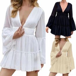 Casual Dresses Womens 2024 Summer Deep V Neck Knotted Chiffon Elegant Short Swing Skater