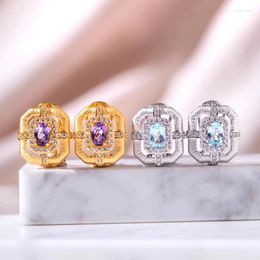 Hoop Earrings Luxury Italian Vintage Jewellery Silver/Gold Colour Rectangle For Women Shiny Purple Zircon Earring Party