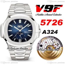 V9F 5726 Annual Calendar A324 Automatic Mens Watch D-Blue Textured Dial Moon Phase Stainless Steel Bracelet Super Edition Puretime289S