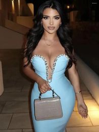 Casual Dresses Modphy 2024 Sky Blue Ladies Diamond Strapless Backless Bodycon Celebrity Cocktail Party Club Sexy Sleeveless Midi Bandage