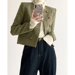 UNXX Autumn Small Fragrance Style Long Sleeve Cropped Blazer Vintage Casual Tweed Cheque Double-breasted Blazer Woman Clothing 240124