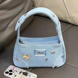 Evening Bags Blue Denim Ladies Small Clutch Purse Handbags Fashion Design Women's Rivet Shoulder Simple Female Underarm Bag