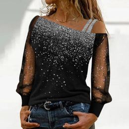 Women's Blouses Fashion Woman Blousas Sequin Print Sexy Off Shoulder Tops Blusas Mujer Elegant Blouse Mesh Sheer Long Sleeves Blusa Feminina