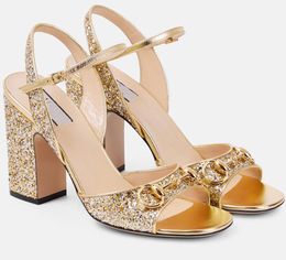 Summer Luxury Women Golden Horsebit Sandals Shoes Leather Buckle-fastening Ankle Strap High Heels Party Wedding Lady Casual Walking EU35-43 With Box
