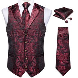 Designer Men's Suit Vest Red Paisley Wedding Party Silk Waistcoat Neck Tie Handkerchief Cufflinks Gilet Men Clothing DiBanGu 240119