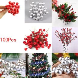 Decorative Flowers 100Pc 1cm Mini Berries Plastic Artificial Pearl Flower Stamens Cherry Fake Fruit For Wedding DIY Gift Box Decorated Xmas