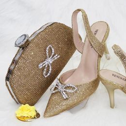 Dress Shoes Golden Color Fashion Italian Design Women Wedding And Bags Set Elegant Ladies Mid-Heels Party