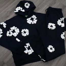 Premium USA jesienne zimowe mężczyźni bawełny pieniste zaciągnięcie druku z kapturem bluzy spodnie bluzy bluza joggery spodnie Suit Hip Hop swobodny kwiat unisex zużycie 24ss 1214