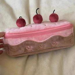 Cosmetic Bags Cherry Cake Cute Plush Large Capacity Pen Students Kawaii Box Makeup Patchwork Embroidery Girls
