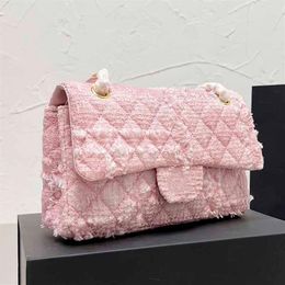 25CM Ladies Mini Flap Crossbody Designer Bags Pink and White Tweed Multi-color Classic Handbags Gold-Tone Metal Chains Contrasting236h