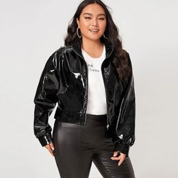 Zip Up Patent Leather Jacket for Women Long Sleeve Casual PU Turn-down Collar Short Coats Outwear Motorcycle Jacket Plus Size 240126