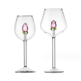 Creative 3D Pink Glass Rose Build-In Red White Wine Glasses Cup Drinkware Goblet Champagne Flute Household Lovely Valentine Gift