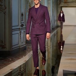 Purple Men Business Suit Groom Groomsman Wedding Party Prom Formal Occasion Tuxedos 2 Piece Set Jacket And Pants