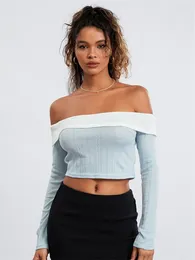 Women's Blouses Women Off Shoulder Crop Tops Contrast Colour Long Sleeve Shirts Spring Fall Casual Retro Blouse Streetwear Aesthetic Clothes