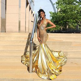 Luxury Gold Mermaid Prom Dress 2024 Rhinestone Crystal Graduation Party Gowns Sweep Train African Women Evening Dresses Custom