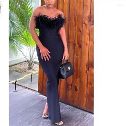 Casual Dresses 2024 Style Fashion Elegant Dress African Women Feather Solid Round Neck Sleeveless Pencil