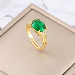 Cluster Rings In Retro Luxury Oval Green Zircon Crystal Finger For Women Trendy Stainless Steel Open Ring Female Jewelry Wholesale