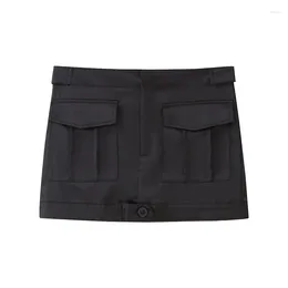 Skirts 2024 Women's Mini Skirt Pockets Pleated Pure Black Denim Sexy Fashion