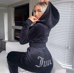 Women's Two Piece Pants 2024 Winter Juicy Coutoure Tracksuit 2-Piece Set Suit Women Velvet Sweatshirt and with Diamonds ropa mujer 88
