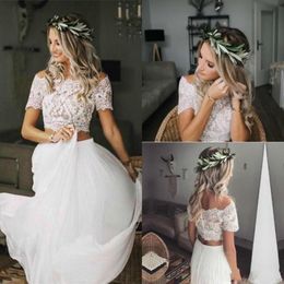 2021 Two Piece Wedding Dresses A Line Short Sleeves Chiffon Lace Applique Off the Shoulder Boho Beach Wedding Gown vestido de novi228t
