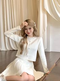 Work Dresses Gentle Knitted Beaded Cardigan Pleated Skirt Suit Women French White Round Neck High Waist Temperament Autumn Lady Two Piece