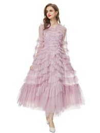 Women's Extravagant Nightclub High Quality Fashion Purple Beige Pink Mesh Sweet Pretty Party Chic Ruffle Gentlewoman Long Dress