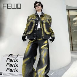 FEWQ Mens Spring Yellow Painted Pocket Denim Jacket Pants Loose Fitting Set High Street Male Clothes Winter 24X4259 240122