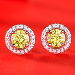 Passed Diamond Test Women Round Yellow Moissanite Earrings Necklace 925 Sterling Silver Gold Plated Bling Diamond Studs Earrings Nice Gift