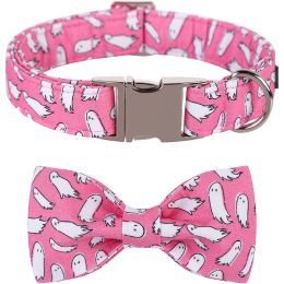 Collars Personlized Unique Style Paws Halloween Dog Collar with Bow Pink Ghost Puppy Collar Flower Pet Dog Collar Large Medium Small Dog