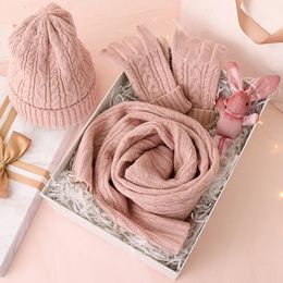 3PC Knitted Hat Scarf Glove Sets For Womens Winter Warm Wool Twist Cap Gorros Bonnet Solid Headband Knit Scarf Years Gift240125
