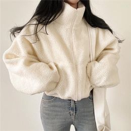 Women's Jackets Lamb Wool Zipper Cropped Jacket Women Girls Chic Warm Thickened Loose-Fit Outerwear With Fleece Veste Femme Drop